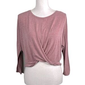PST Los Angeles Burgundy & White Front Knot Cropped Long Sleeve Top Size Large